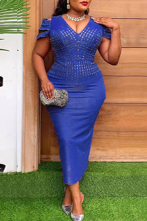 Goosudu Blue Casual Patchwork Hot Drill V Neck Wrapped Skirt Plus Size Dresses