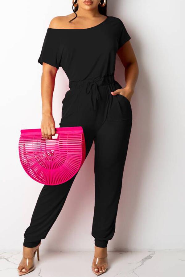 Goosudu Solid Short Sleeve Pocket Drawstring Jumpsuit