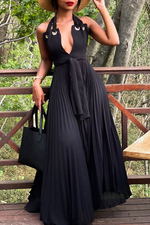 Goosudu Sexy Solid Split Joint Fold Halter A Line Dresses