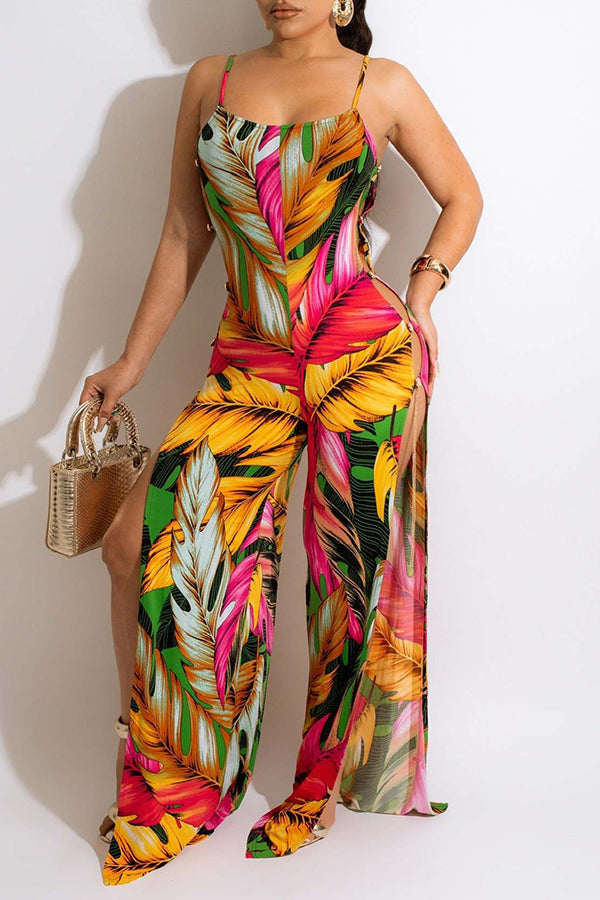 Goosudu Tropical Spaghetti Straps Slit Leg Jumpsuit