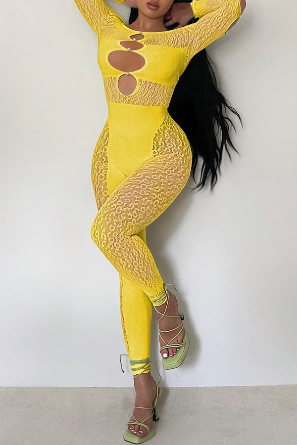 Goosudu Sexy Off Shoulder Sheer Leopard Print Pearl Buckle Chest Cutout Jumpsuits