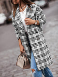 Goosudu Women's Plaid Long Jacket Lapel Double Button Down Plaid Woolen Jacket