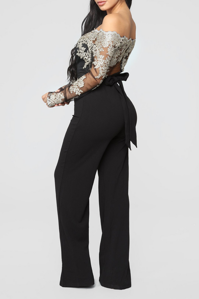 Goosudu Sexy Solid Lace Off the Shoulder Boot Cut Jumpsuits