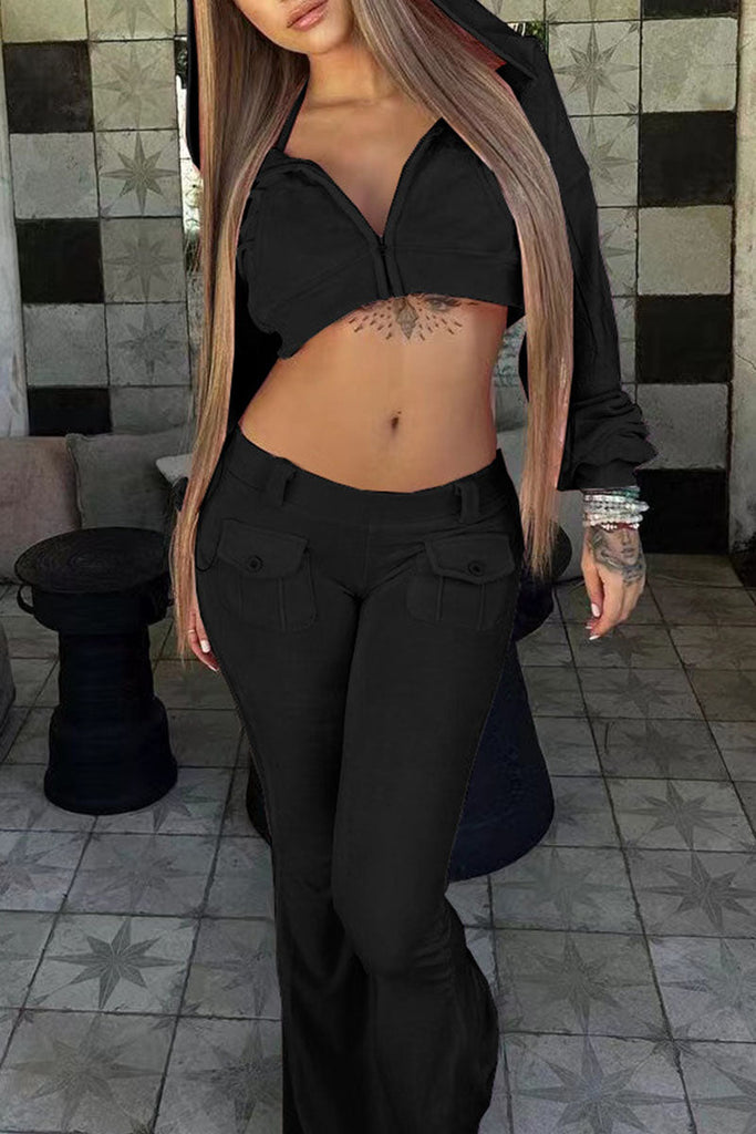 Goosudu Street Solid Patchwork Pocket Hooded Collar Long Sleeve Three Pieces