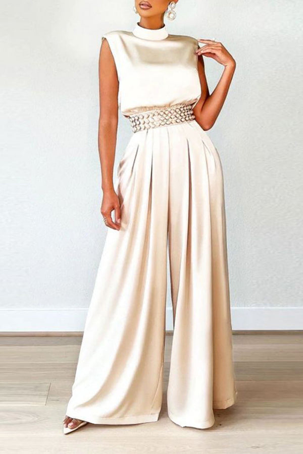 Goosudu Fashion Wide Leg Pants Solid Color Turtleneck Sleeveless Waist Jumpsuit