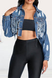 Goosudu Ripped Stylish Tassel Hem Denim Jacket