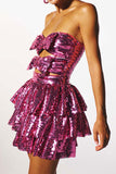 Goosudu Sequined Glittery Bow Design Tiered Mini Dress