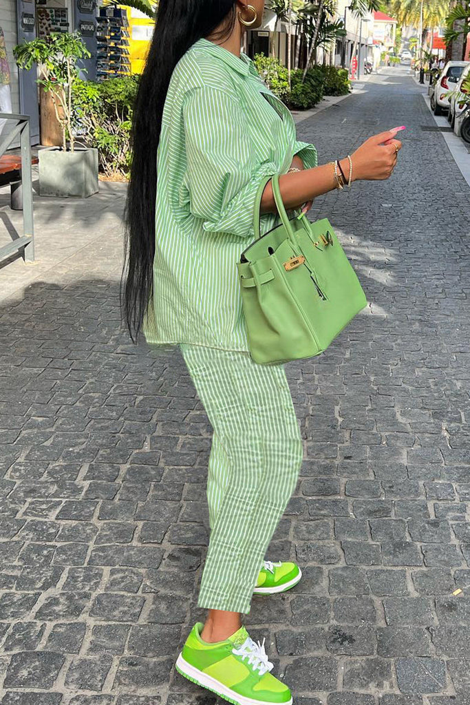 Goosudu Casual Striped Patchwork Buckle Shirt Collar Long Sleeve Two Pieces