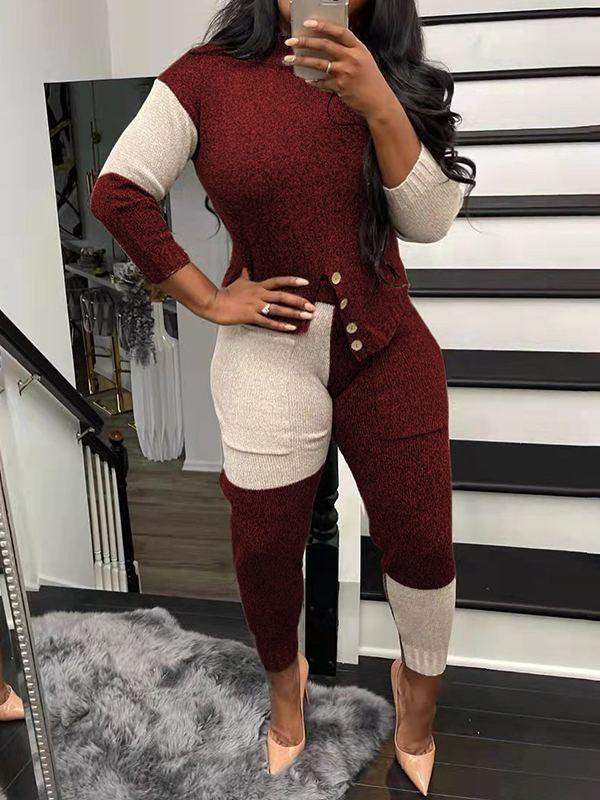 Goosudu Two-Tone Knit Top & Pants Set