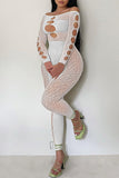 Goosudu Sexy Off Shoulder Sheer Leopard Print Pearl Buckle Chest Cutout Jumpsuits