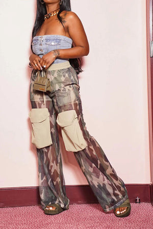 Goosudu Camouflage On-trend Multi Pocket See-Through Pants