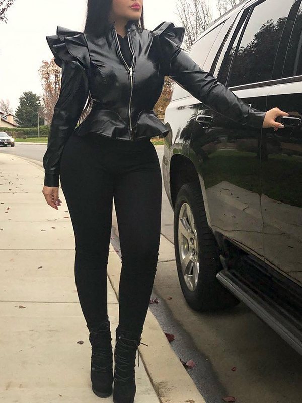 Goosudu Faux-Leather Frilled Jacket