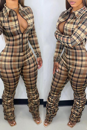 Goosudu Fashion Plaid Slim-fit Pile Pleated Jumpsuit