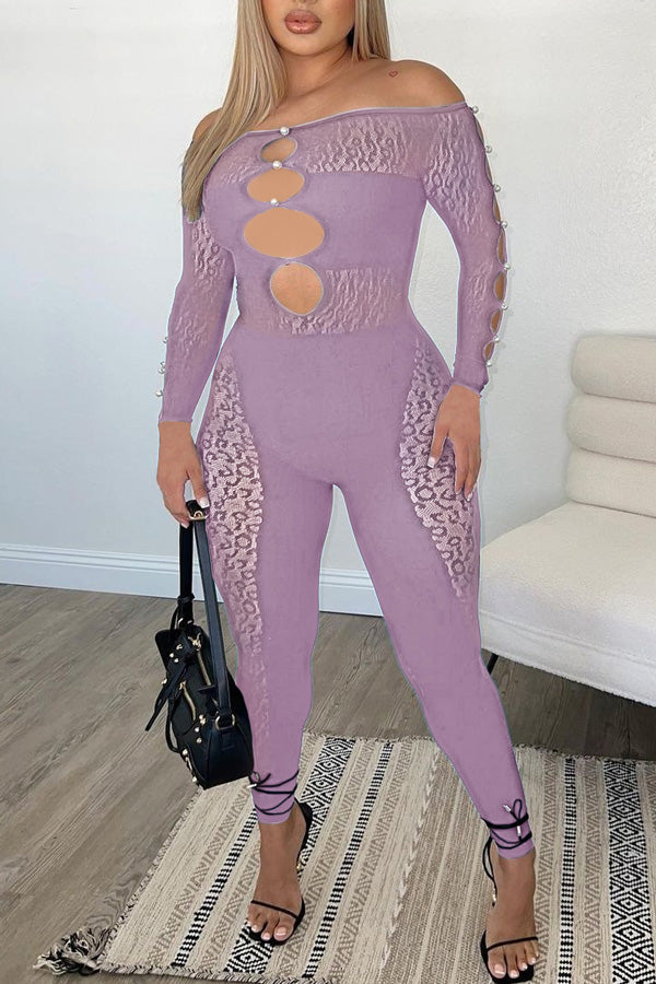 Goosudu Sexy Off Shoulder Sheer Leopard Print Pearl Buckle Chest Cutout Jumpsuits