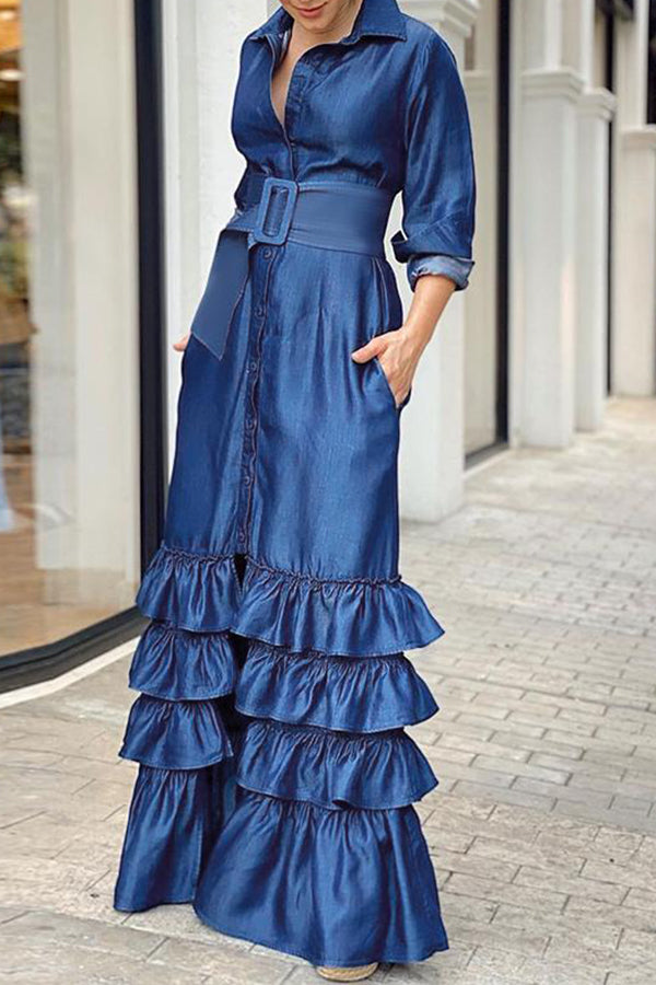 Goosudu Solid Color Lapel Belt Shirt Maxi Dress