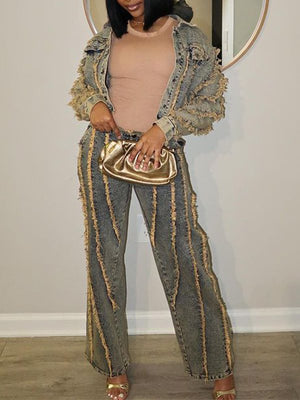 Goosudu Fringe Denim Jacket & Jeans Set