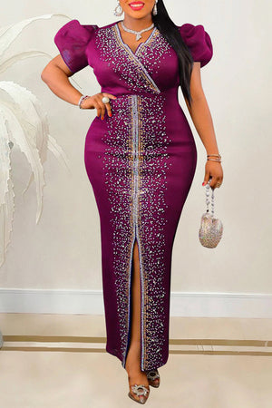 Goosudu Casual Patchwork Hot Drilling Slit V Neck Long Dress Dresses