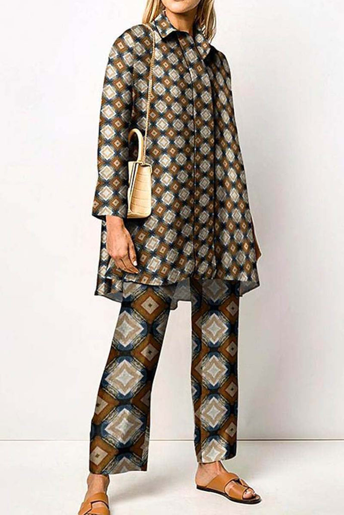 Goosudu Casual Print Patchwork Shirt Collar Long Sleeve Two Pieces