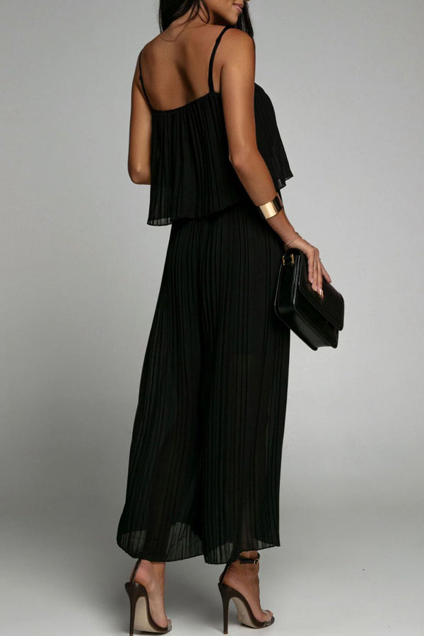 Goosudu Sleek Loose Pleated Ruffled Wrap-chest Sling Jumpsuit