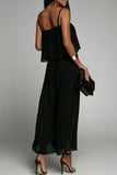 Goosudu Sleek Loose Pleated Ruffled Wrap-chest Sling Jumpsuit