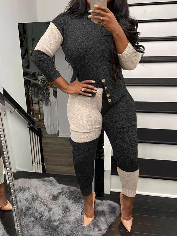 Goosudu Two-Tone Knit Top & Pants Set