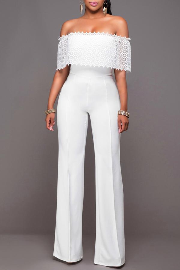 Goosudu Elegant Off Shoulder Lace Wide Leg Jumpsuit