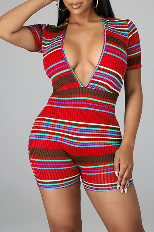 Goosudu High Bullet Strips Deep V Neck Stripes Slim Fit Romper