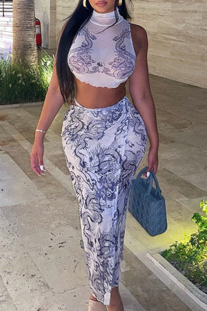 Goosudu Sexy Casual Print See-through Turtleneck Sleeveless Two Pieces