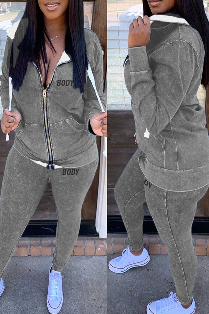 Goosudu Casual Print Split Joint Zipper Hooded Collar Long Sleeve Two Pieces