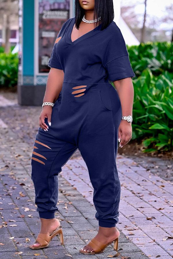 Goosudu Fashion Ripped Loose V Neck Short Sleeved Jumpsuit