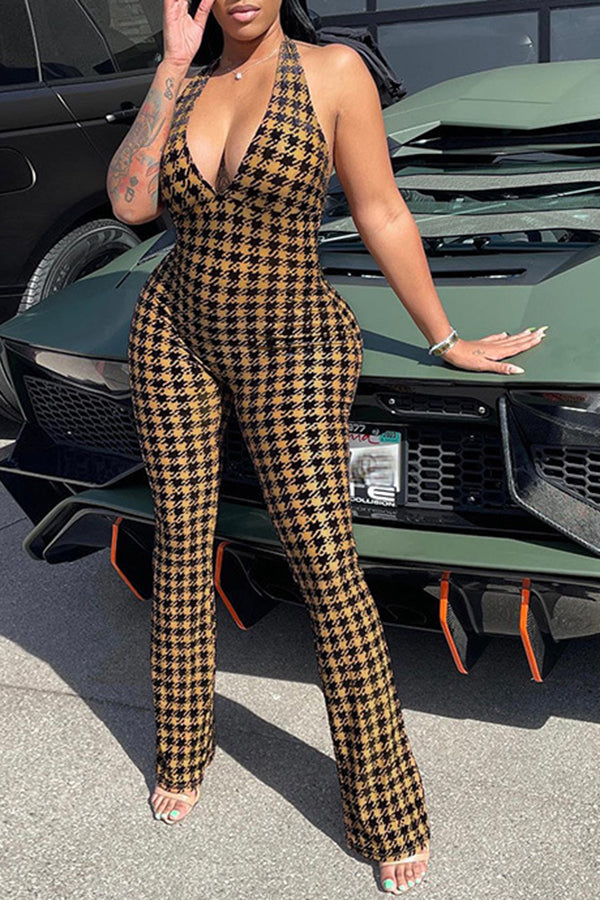 Goosudu Sexy Houndstooth Print Deep V Neck Slim Fit Halter Jumpsuits