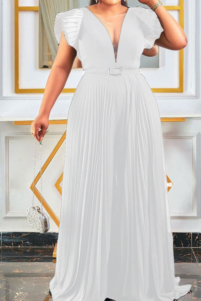 Goosudu Elegant Solid Patchwork Fold V Neck Loose Jumpsuits