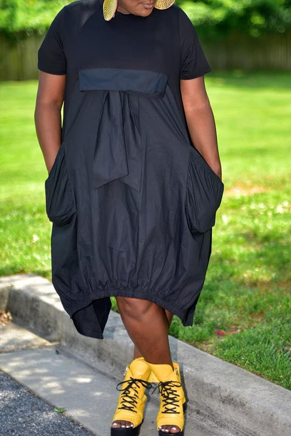 Goosudu Fashion Loose Pocket Splicing Asymmetrical Hem Dress