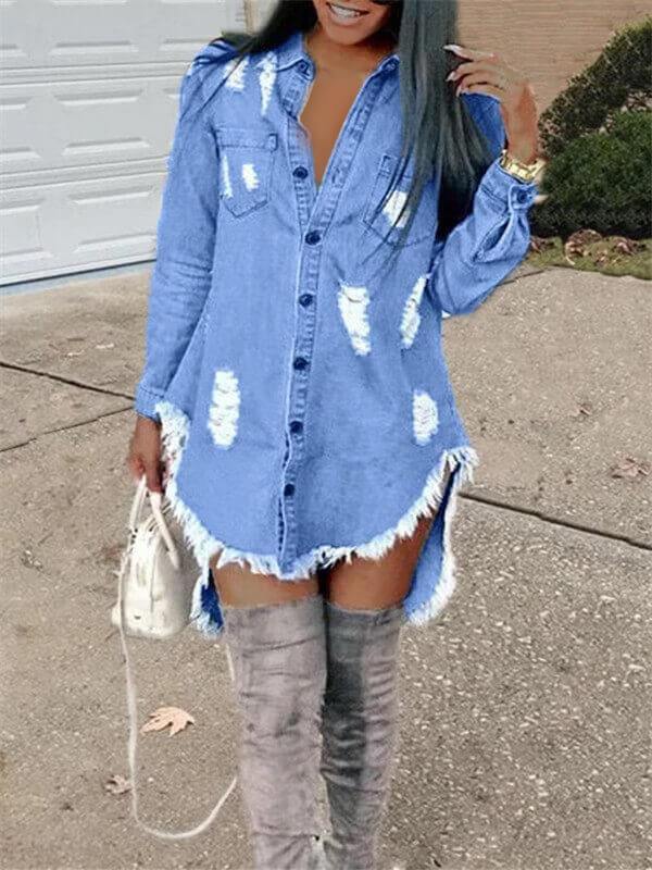 Goosudu Distressed Denim Shirt Dress