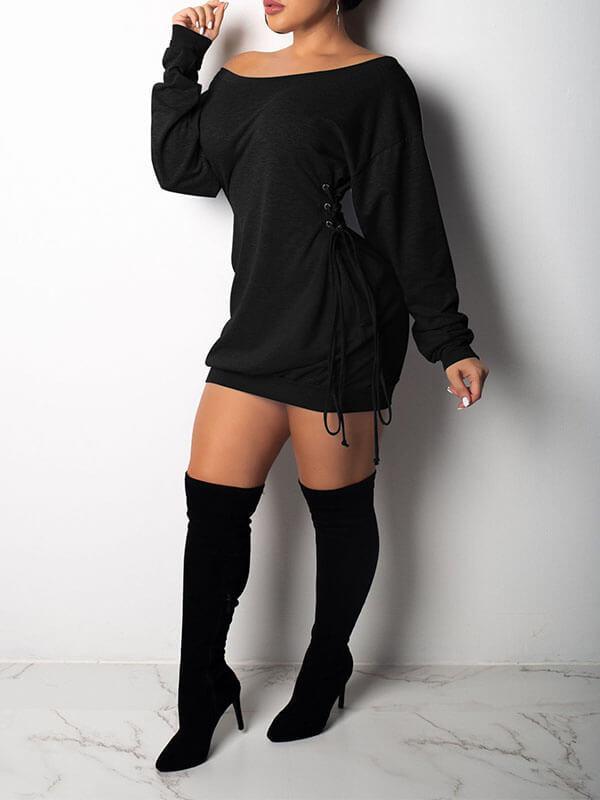 Goosudu Off Shoulder Lace-Up Sweatshirt Dress (4 Colors)