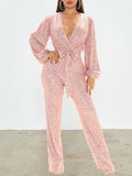 Goosudu Sequin V-Neck Tied Jumpsuit