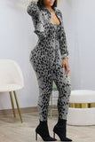 Goosudu Casual Print Leopard Patchwork Turndown Collar Long Sleeve Two Pieces