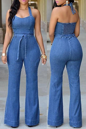Goosudu Fashion Slim Casual Denim Jumpsuit (With Belt)