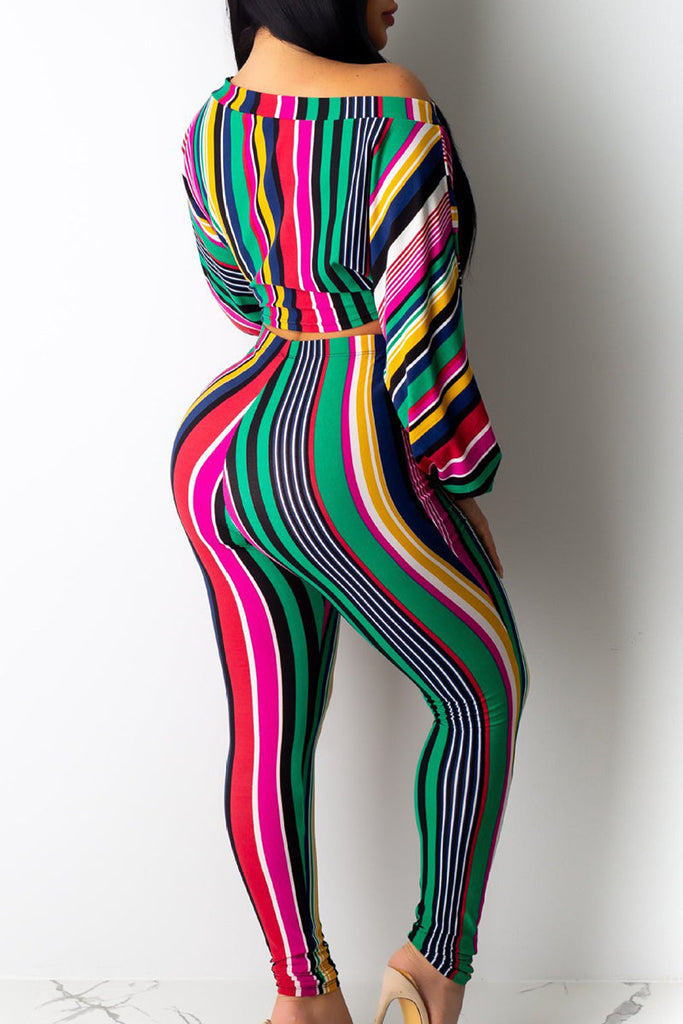 Goosudu Casual Striped Patchwork O Neck Long Sleeve Two Pieces