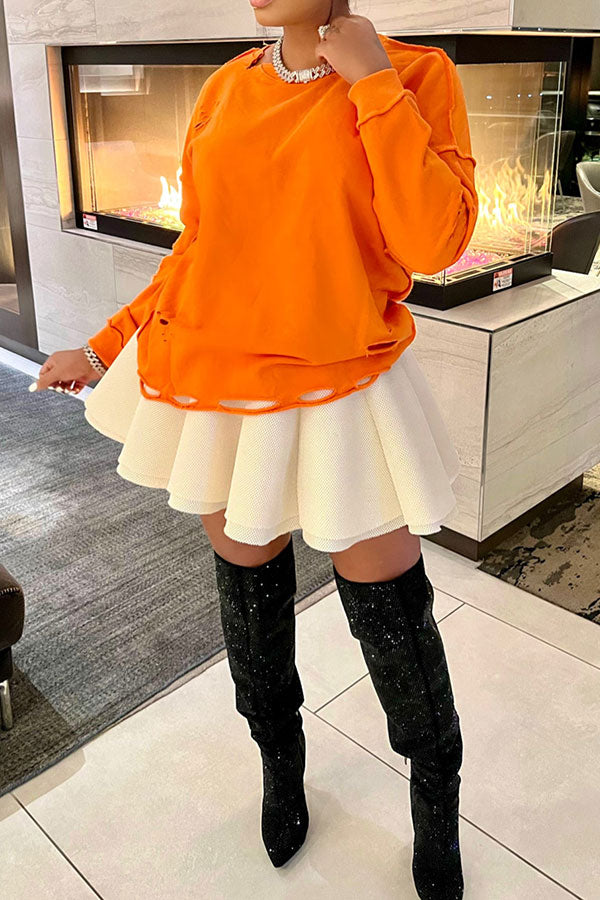 Goosudu Solid Color Ripped Stylish Sweatshirt