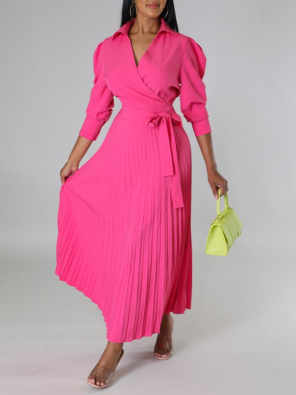 Goosudu Solid Pleated Shirt Dress