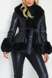 Goosudu Faux Fur Leather Jacket with Cord Long Outerwear