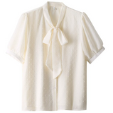 goosudu Plus Size 5xl Elegant Lace Up Bow Tie Shirt Summer Short Sleeve Solid Color Chiffon Casual Blouse Office Lady Blusas Women Tops