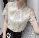 goosudu Plus Size 5xl Elegant Lace Up Bow Tie Shirt Summer Short Sleeve Solid Color Chiffon Casual Blouse Office Lady Blusas Women Tops