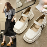 goosudu Retro Mary Janes Leather Pumps Med Heel Square Toe Buckle Sandals Summer Autumn Fashion Women Shoes Heels 4 cm