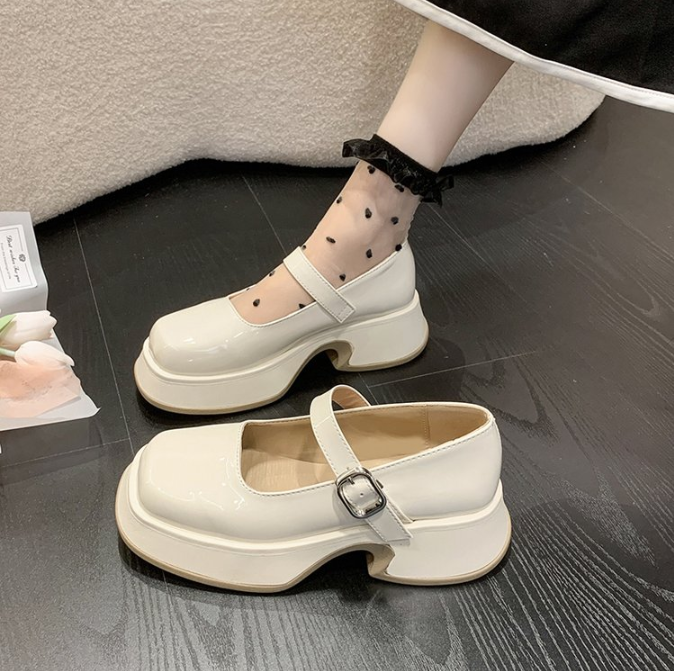 goosudu Retro Mary Janes Leather Pumps Med Heel Square Toe Buckle Sandals Summer Autumn Fashion Women Shoes Heels 4 cm