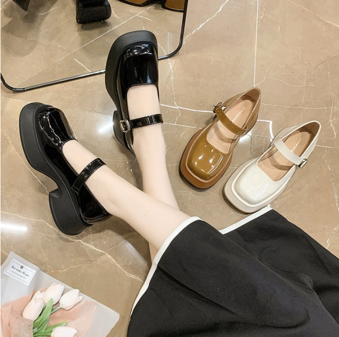 goosudu Retro Mary Janes Leather Pumps Med Heel Square Toe Buckle Sandals Summer Autumn Fashion Women Shoes Heels 4 cm