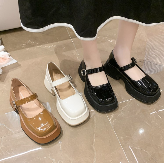 goosudu Retro Mary Janes Leather Pumps Med Heel Square Toe Buckle Sandals Summer Autumn Fashion Women Shoes Heels 4 cm