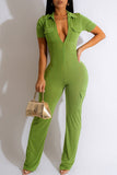 Goosudu Fashion Solid Color Short Sleeve Polo Collar Zip Slim-Fit Stretch Jumpsuits