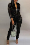 Goosudu Solid Sequin Zip Collar Drawstring Plus Size Jumpsuit
